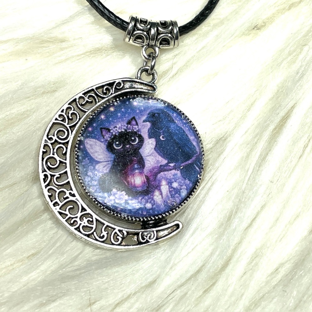 Double Black Cat Double Sided Moon Pendant - Gothic Witchy Jewelry -Artisan - Picture 3 of 16